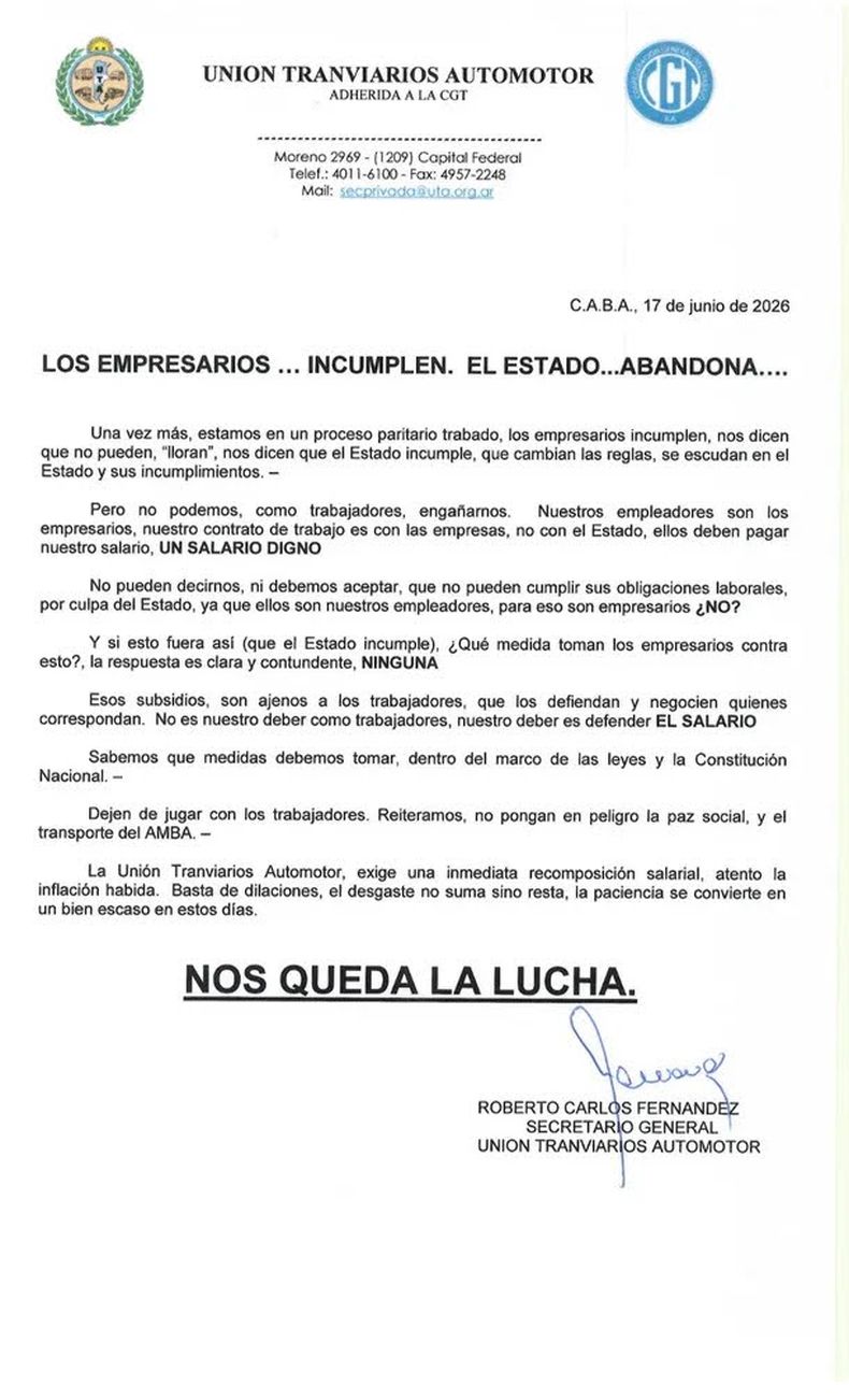La UTA amenazó con un nuevo paro de colectivos en el AMBA