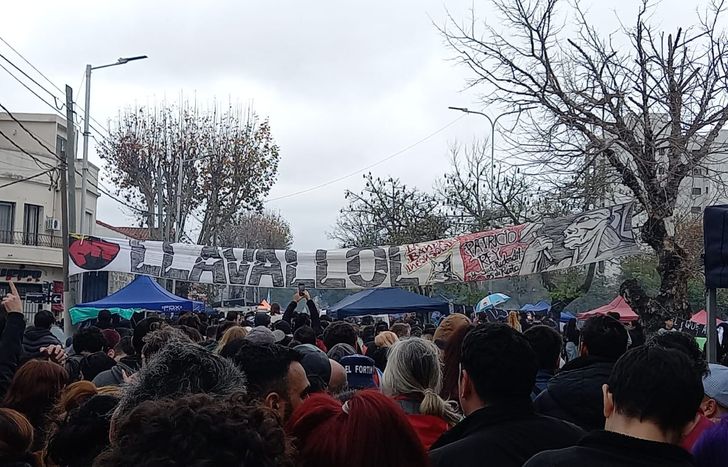 En medio de la marea de gente y banderas, se ve un trapo gigante de Llavallol