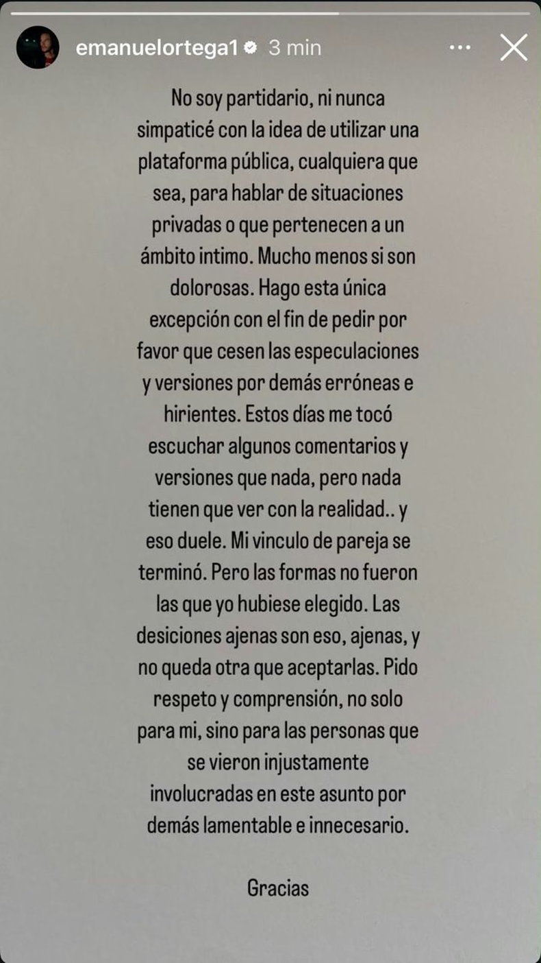 El fuerte mensaje de Emanuel Ortega tras la separaci&oacute;n de Julieta Prandi que sorprendi&oacute; a todos.