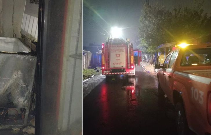 La heladera incendiada y el operativo en la zona.