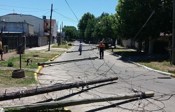 Los postes y el tendido eléctrico, caídos sobre el asfalto.