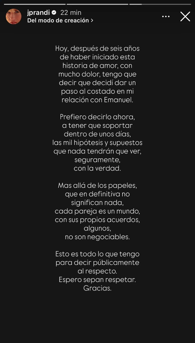 El comunicado de Julieta Prandi. 