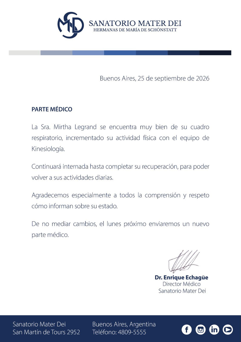 Parte médico de Mirtha Legrand. 