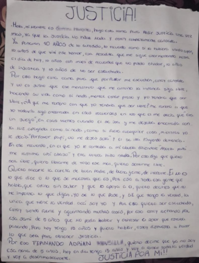 La carta de la joven víctima de abuso sexual en Villa Fiorito.