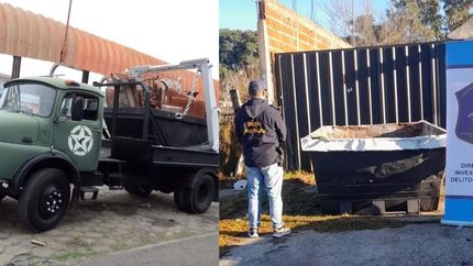 El camión usado para robar y uno de los volquetes sustraídos por la banda.