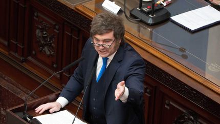 Javier Milei, visiblemente exaltado en la apertura de sesiones ordinarias.&nbsp;