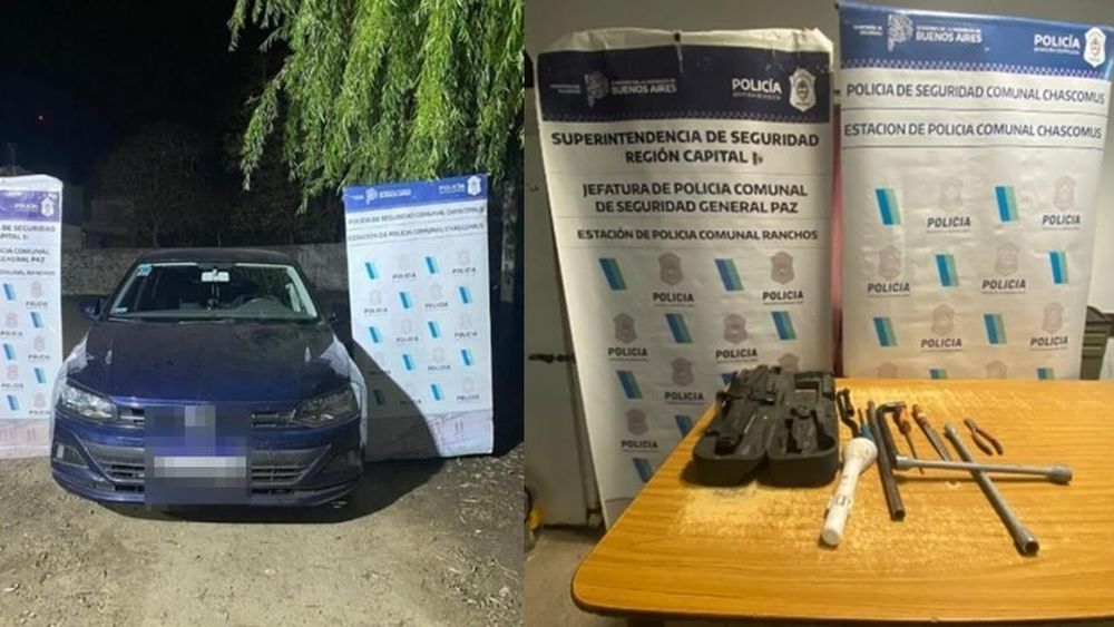 El auto de la pareja y las herramientas que les incautaron.