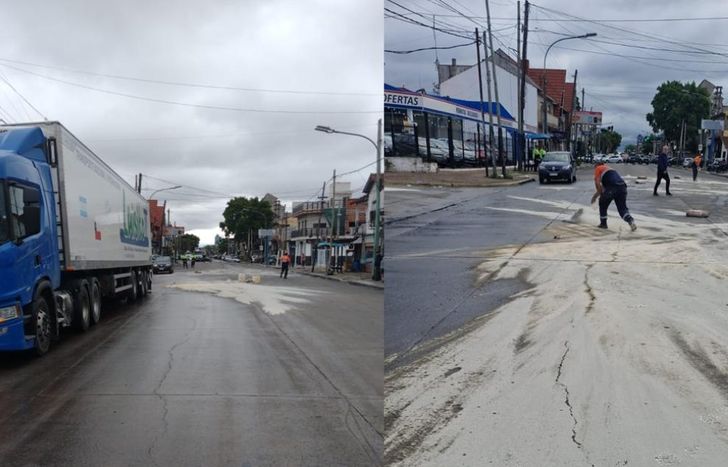 Hubo que arrojar cal sobre la avenida para neutralizar el derrame de combustible.