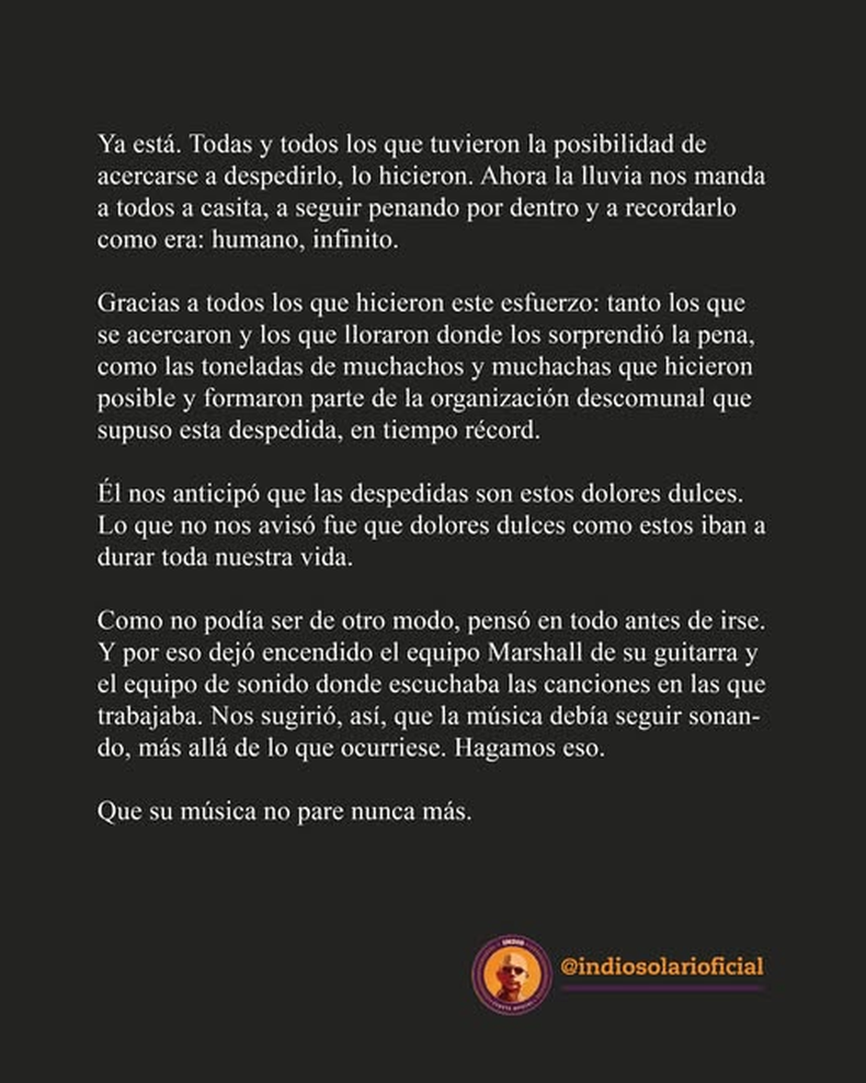 El comunicado de la familia de El Indio Solari. 