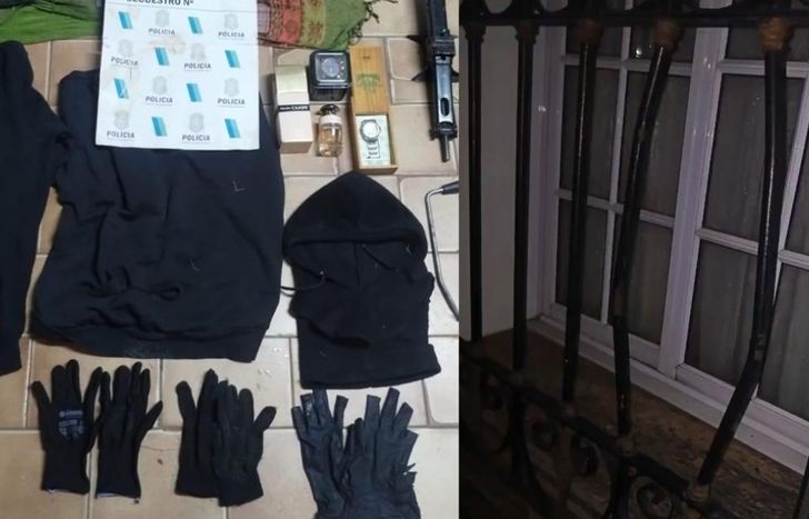 Elementos incautados a los ladrones y la ventana que violentaron para entrar a robar.