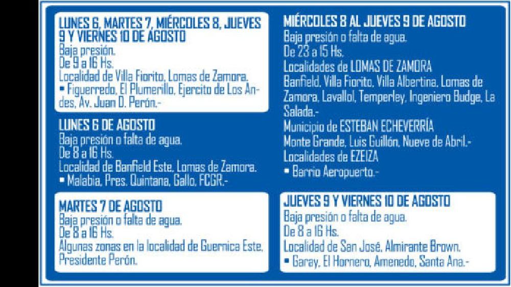 Desde el lunes y hasta el viernes habrá cortes programados de agua en la región