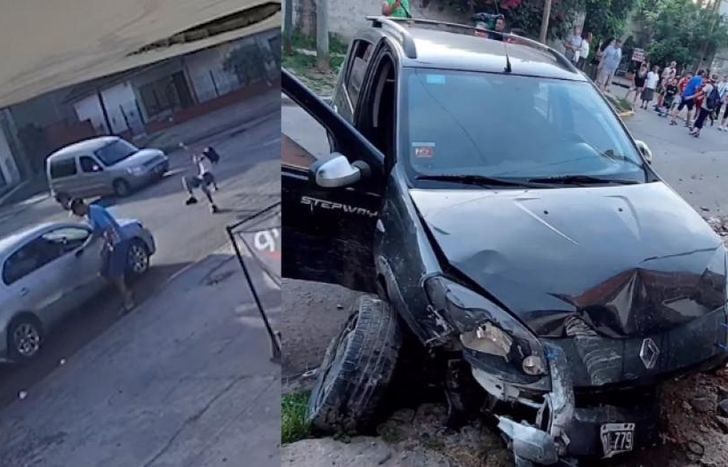 Uno de los robos, grabado por una cámara, y el auto chocado de los ladrones.