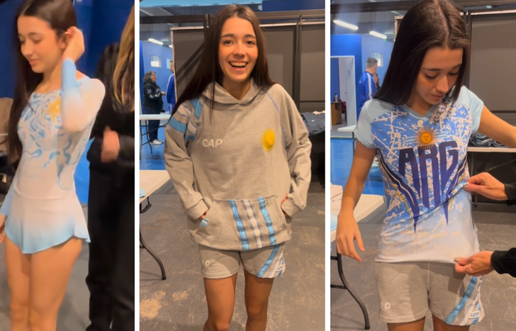 Rocío, de Banfield, feliz probando la ropa que pudo adquirir gracias al apoyo de la gente.