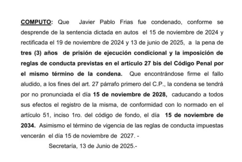 El documento en el que consta que la condena por abuso sexual quedó firme.
