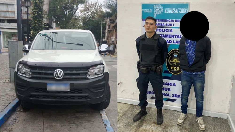 La camioneta robada y el detenido por el asalto.