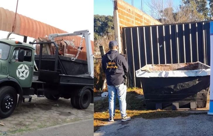 El camión usado para robar y uno de los volquetes sustraídos por la banda.