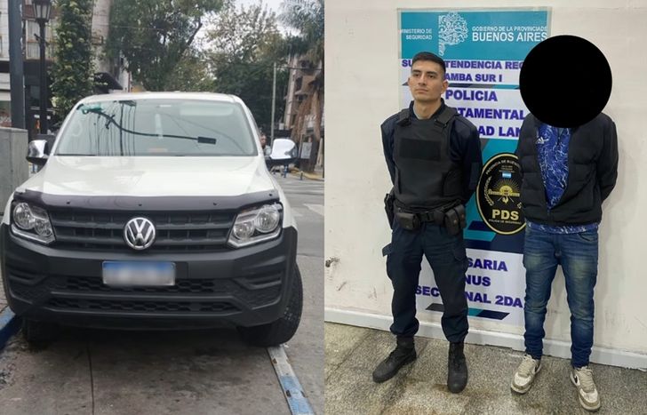 La camioneta robada y el detenido por el asalto.