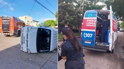 Una camioneta quedó volcada en la calle.