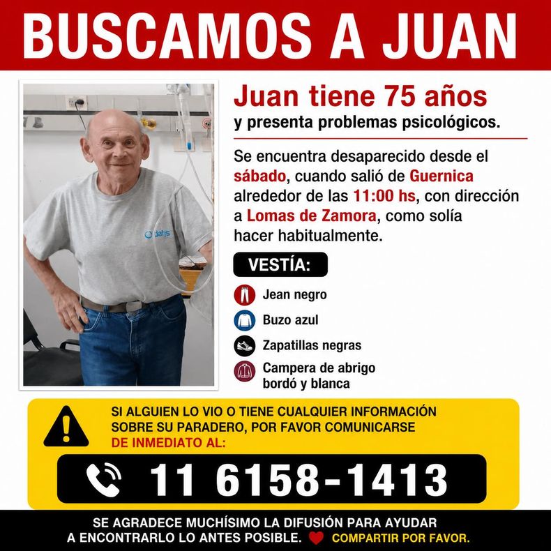 Desesperada búsqueda de Juan: viajaba a Lomas de Zamora y desapareció.