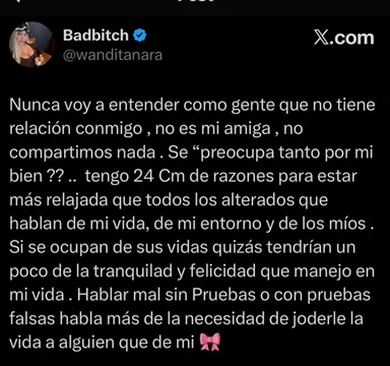 El posteo de Wanda Nara en las redes sociales. 