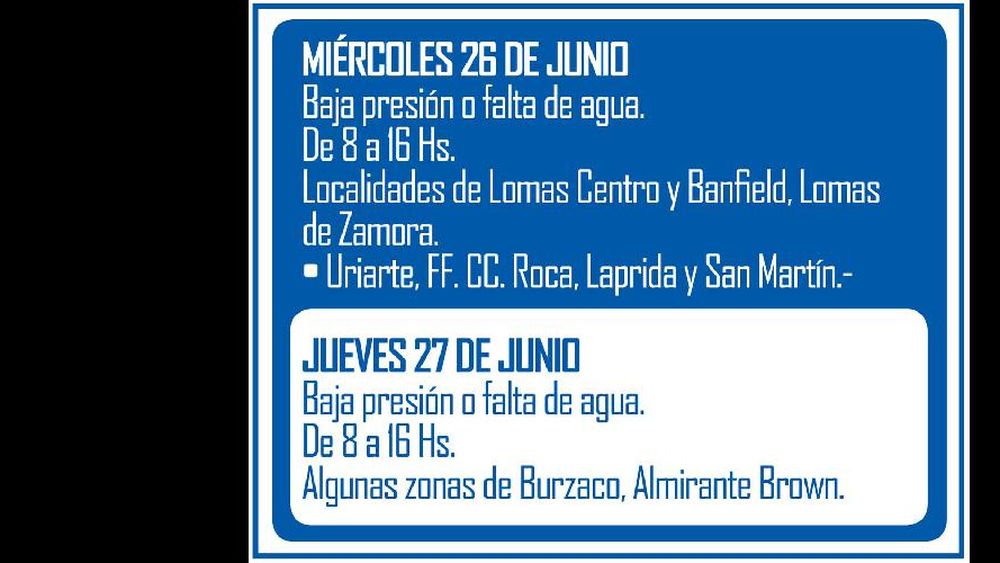Advierten cortes de agua o baja presión por obras de AySA