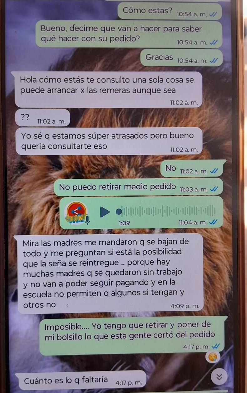 Esc&aacute;ndalo en Temperley: el chat de la acusada con el taller que iba a hacer las camperas.