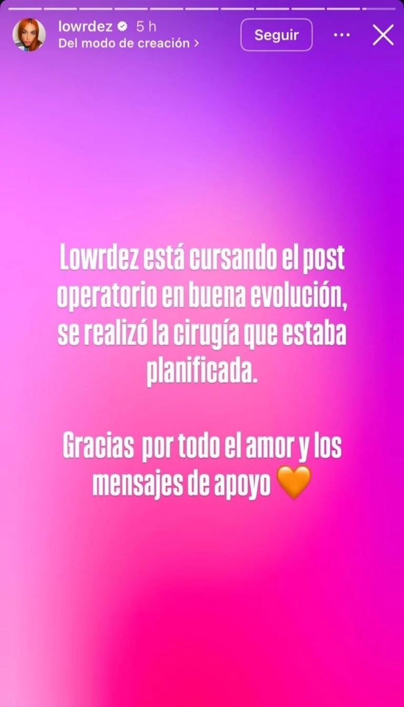 El posteo sobre la salud de Lowrdez de Bandana. 