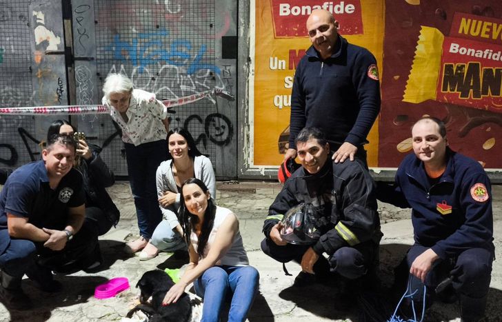 Los Bomberos de Lomas y los vecinos, tras el rescate del perro.