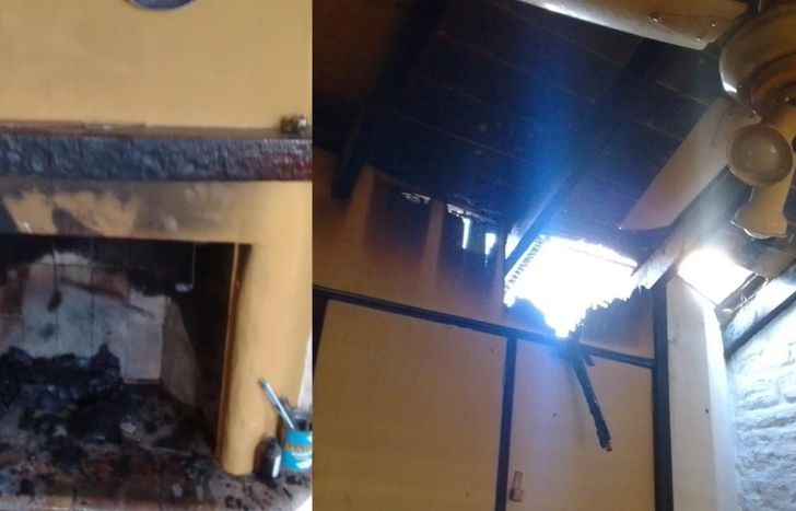 La chimenea donde empezó el incendio y el enorme agujero que quedó en el techo.