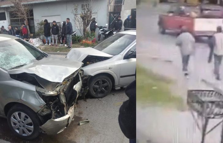 El auto de la conductora tras el impacto y la víctima caminando segundos antes de la tragedia.