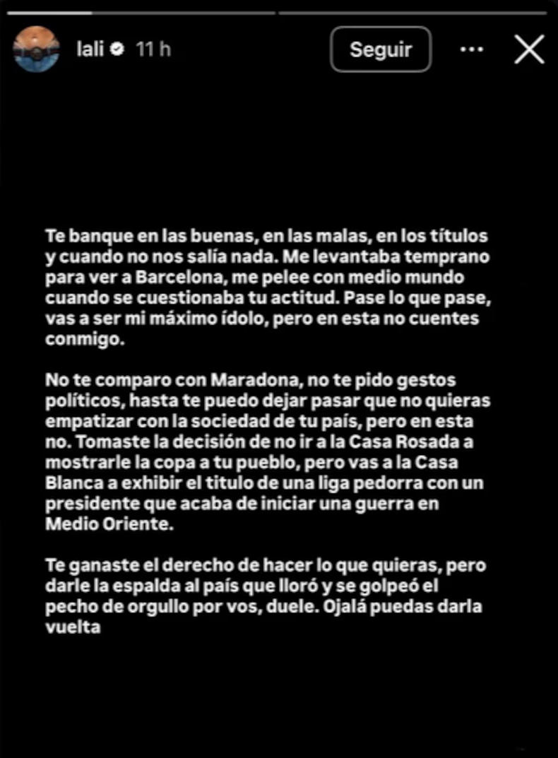 El mensaje falso de Lali Espósito contra Lionel Messi. 