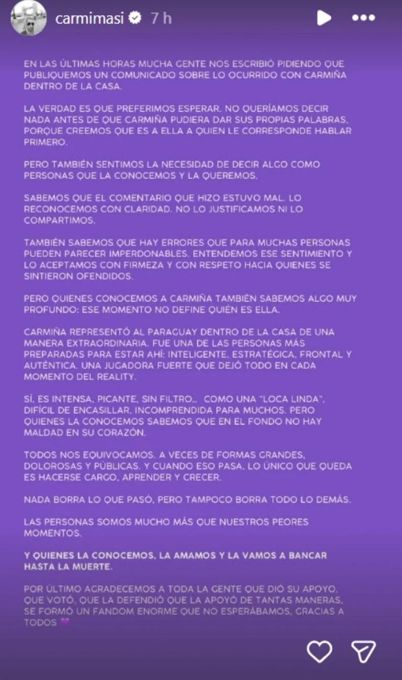 El comunicado de la familia de la jugadora expulsada de Gran Hermano Generación Dorada. 