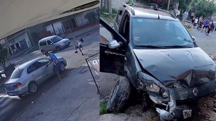 Uno de los robos, grabado por una cámara, y el auto chocado de los ladrones.