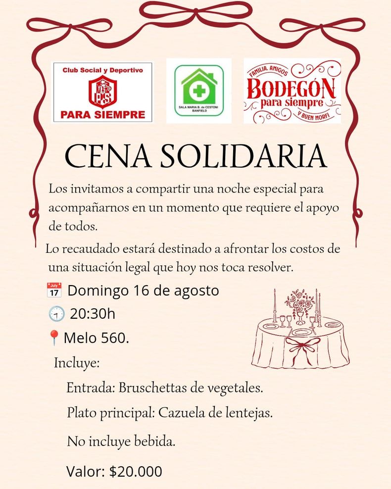 Menú de la cena solidaria en Melo 560, Banfield.