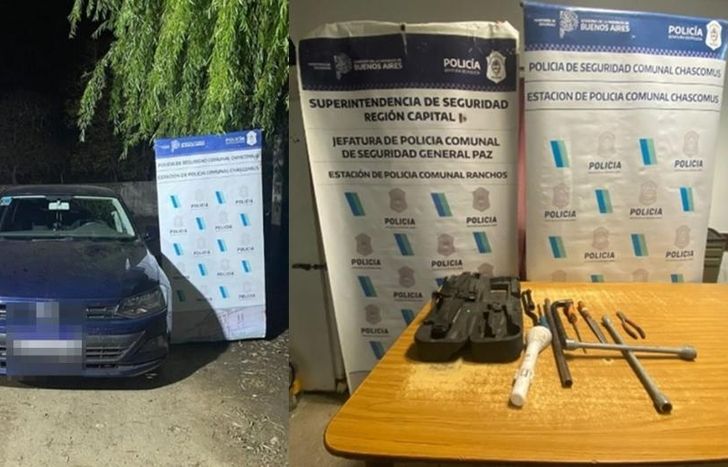 El auto de la pareja y las herramientas que les incautaron.
