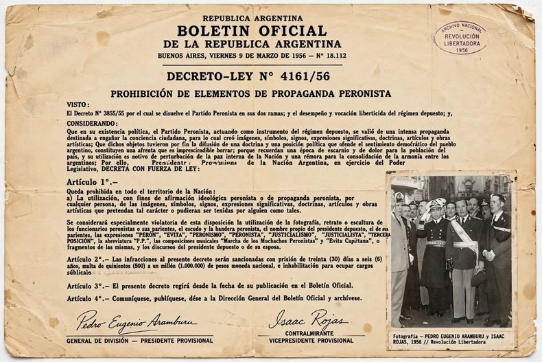 El Decreto-Ley 4161 de 1956 prohibió expresiones, símbolos y referencias vinculadas al peronismo.